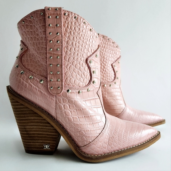 Sam Edelman Pink Croc Embossed Leather Ankle Boots, Western Silver Studs, 7.5 - Picture 1 of 16